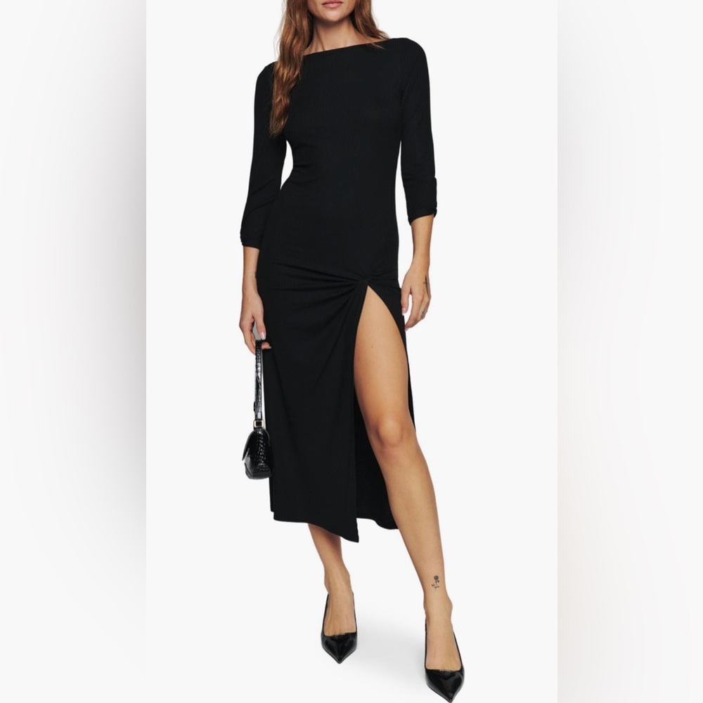 Reformation Belmont Knit Dress with Slit, 3/4 sleeve boat neck
